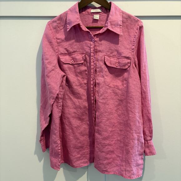 Tweeds Top Women 1X Pink Linen Button Up Lagenlook Boho Coastal Relaxed Flowy - Picture 1 of 12